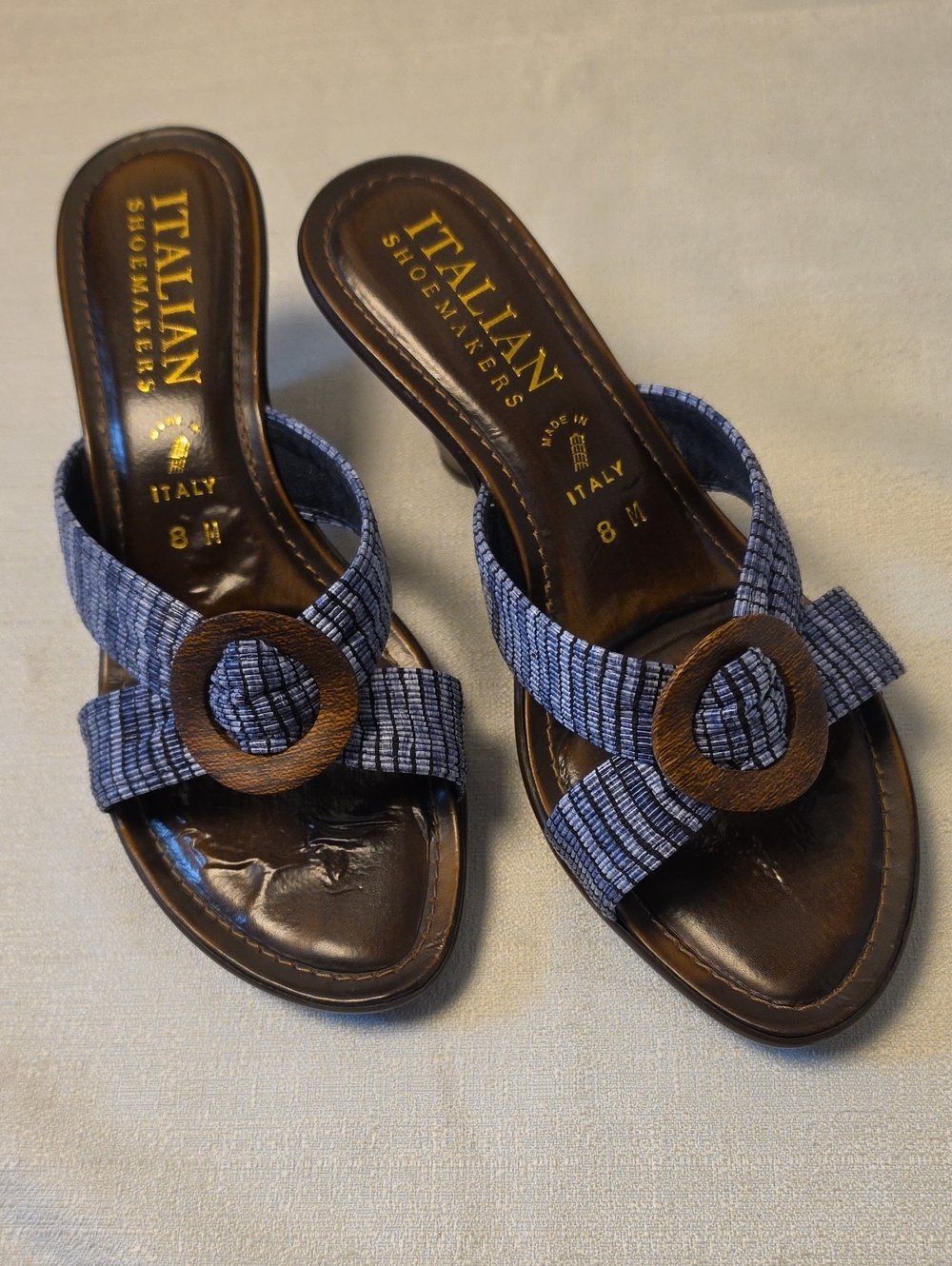 Italian Shoemakers Blue Low Heel Slip-on Sandals with Wood Ring Size 8M
